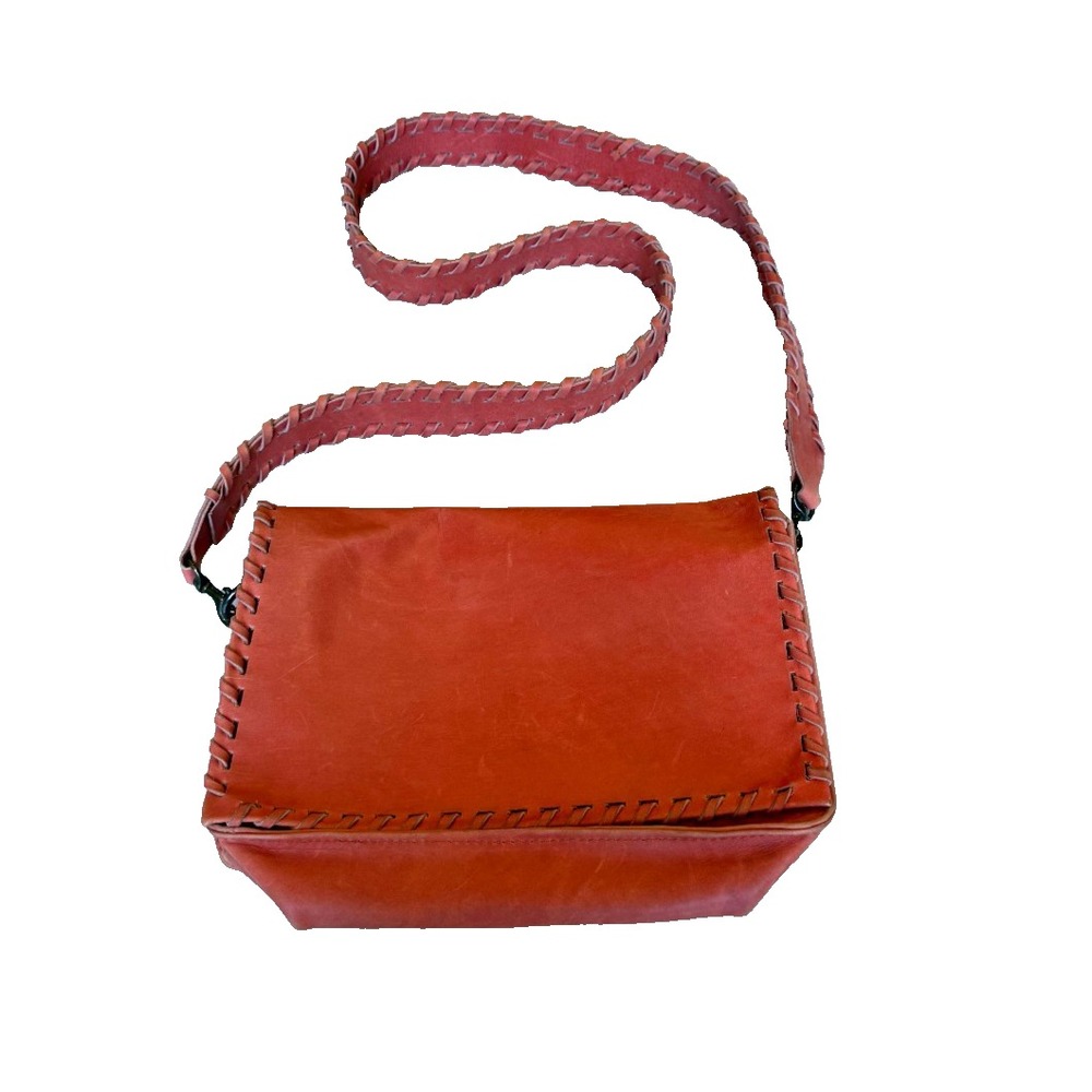 ABLE Pink/Coral Leather Boho Shoulder Messenger Bag Whipstitch Handmade Ethiopia